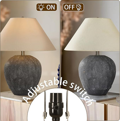Farmhouse Ceramic Table Lamp, 21" Rustic Table Lamp with Linen Shade, 3-Way Dimmable Bedside Nightstand Lamps for Bedroom, Living Room, E26 Socket, Dark Grey