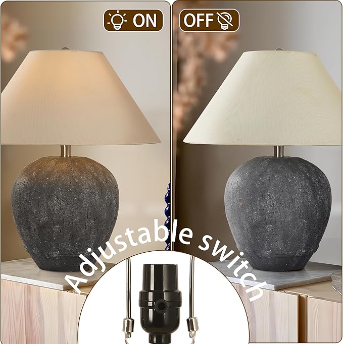 Farmhouse Ceramic Table Lamp Set of 2, 21" Rustic Table Lamp with Linen Shade, 3-Way Dimmable Bedside Nightstand Lamps for Bedroom, Living Room, E26 Socket, Dark Grey