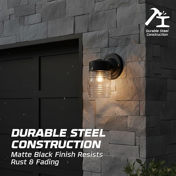OHLECTRIC Outdoor Wall Sconce Wall Light (4-Pack) Jelly Jar Design, Vintage Clear Ribbed Glass, Dimmable & LED Compatible, Wet-Rated, Matte Black, Ideal for Porch, Patio, Garage, 5.75"x7.5"