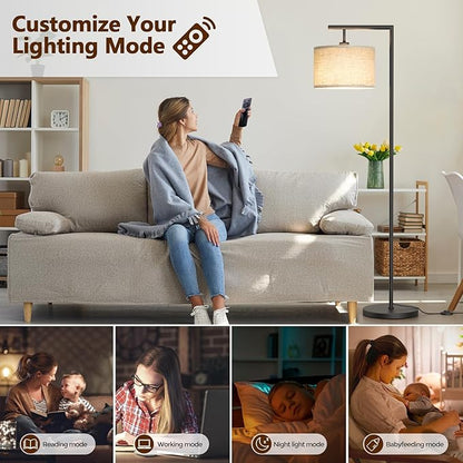 Floor Lamps with Remote Control and Stepless Dimmable Color Temperature and Brightness Standing Lamp with Adjustable Beige Linen Lampshade Pole Lamp for Bedroom Office, 9W Bulb Included, Black