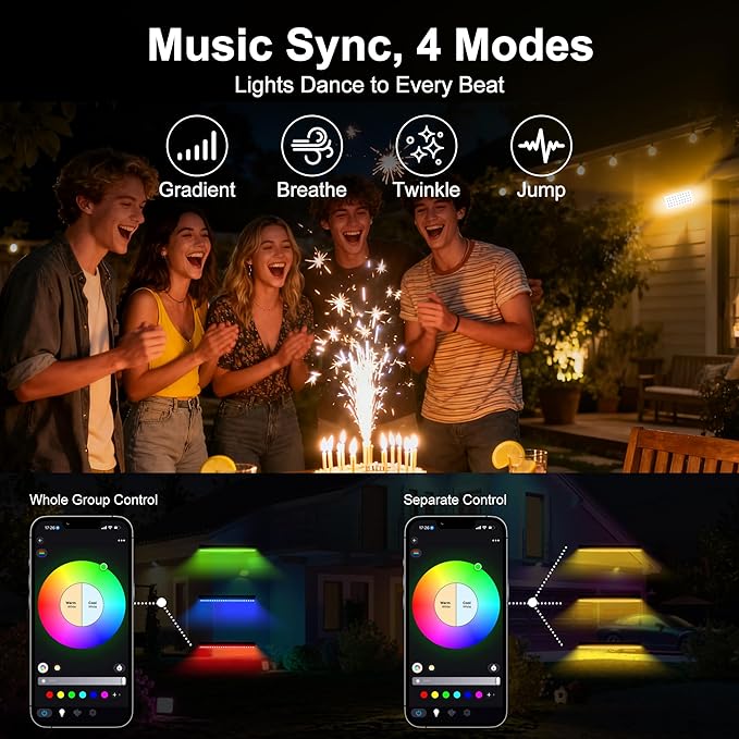 Smart RGBCW Outdoor LED Flood Light 180W –Color Changing Wall Washer, 2700K–6500K Tunable White Dimmable, RGB Stage Light, Music Sync Spotlight for Yard, Garden, Holiday Party