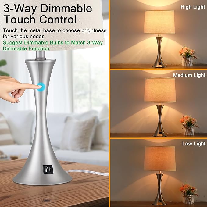 LIT-PaTH Table Lamp for Bedroom Nightstand Set of 2, Bedside Lamps with 3 Way Dimmable Touch Control and USB C+A Charging Ports, Linen Shade Desk Light for Living Room, Nickel (LED Bulb Not Included)