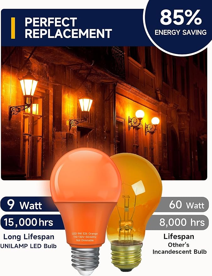 UNILAMP A19 Orange Light Bulb, 9W Equivalent 60Watt, E26 Base LED Orange Bulb, Colored Light Bulbs for Halloween Christmas, Party Decoration, Holiday Lighting, Non Dimmable, 4 Pack