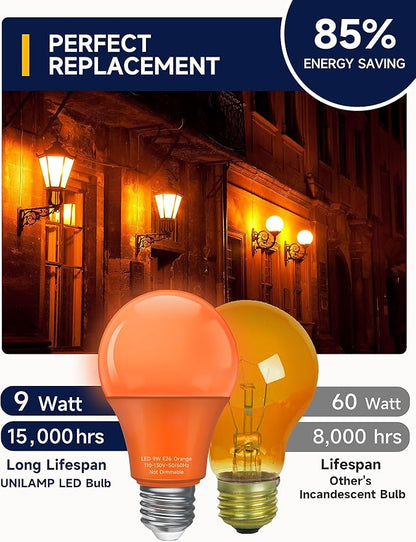 UNILAMP A19 Orange Light Bulb, 9W Equivalent 60Watt, E26 Base LED Orange Bulb, Colored Light Bulbs for Halloween Christmas, Party Decoration, Holiday Lighting, Non Dimmable, 4 Pack
