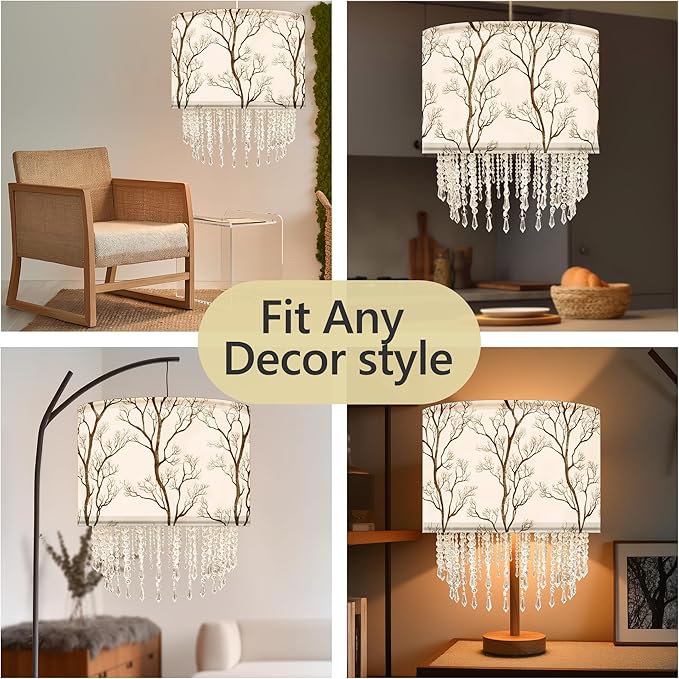 Winter Tree Branch Lamp Shade with Acrylic Bead Droplets, Branch Drum Fabric Light Shade for Pendant Table & Floor Lamp, Traditional Mordern Decor, 15.7in