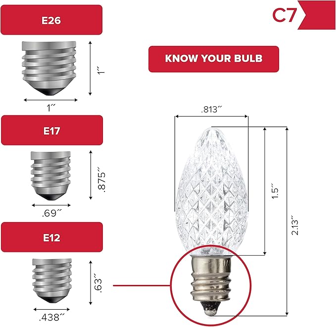 Holiday Lighting Outlet Faceted C7 Christmas Lights | Multi-Colored LED Light Bulbs Holiday Decoration Warm Christmas Decor for Indoor & Outdoor Use | 2 SMD LEDs in Each Light Bulb | Set of 25