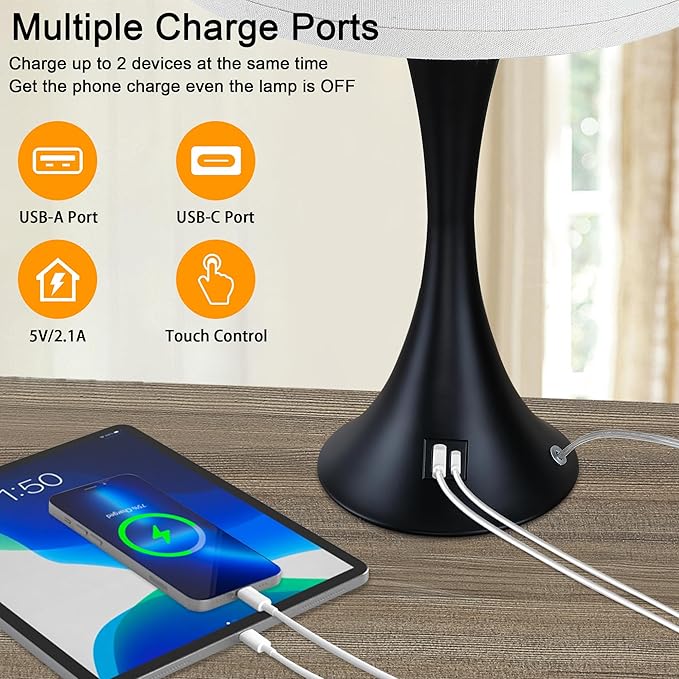 LIT-PaTH Table Lamp for Bedroom Nightstand Set of 2, Bedside Lamps with 3 Way Dimmable Touch Control and USB C+A Charging Ports, Linen Shade Desk Light for Living Room, Black (LED Bulb Not Included)