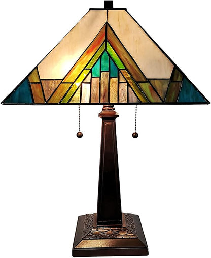 Tiffany Style Table Lamp Banker Mission 22" Tall Stained Glass Ivory Green Antique Vintage Light Decor Nightstand Living Room Bedroom Handmade Gift AM349TL14, 14 in Diameter Amora Lighting