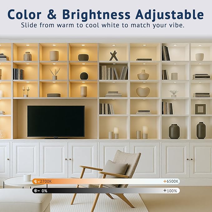 V4light Smart Puck Lights 4 Pack, Plug-in Under Cabinet Lighting for Kitchen, Closet & Shelf, App, Voice & Hand Control, Works with Alexa & Google Home, Dimmable & Adjustable Warm to Cool White Light
