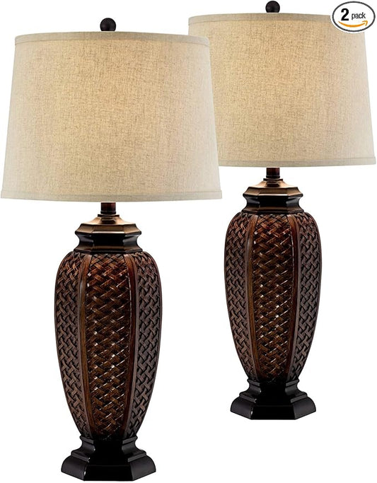 Regency Hill Tropical Natural Cottage Jar Table Lamps 29" Tall Set of 2 Weathered Brown Woven Wicker Beige Linen Fabric Drum Shade Decor for Living Room Bedroom House Bedside Nightstand Home