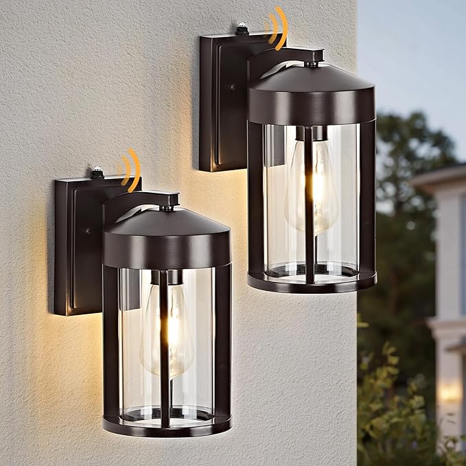 Dusk to Dawn Outdoor Wall Lights Fixture with Photocell Sensor, Modern Geometric Industrial Coffee-Bronze Exterior Wall Sconce, Waterproof Anti-Rust Porch Light for House Patio Entryway Garage(2 Pack)
