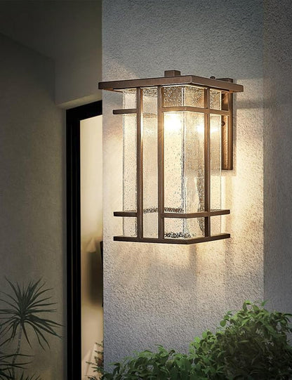 Rustic Dusk to Dawn Outdoor Wall Light Fixture 13.8"H Oil Rubbed Bronze Exterior Wall Sconces with Seeded Glass Sensor Outdoor Wall Lantern for House Patio Porch Entryway Garage Wall Lamps Waterproof