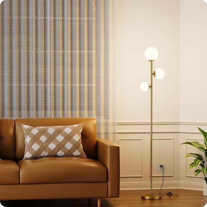 Floor lamp with 3 Frosted Glass Shades,Stangding Lamp Floor Lamps for Living Room Bedroom Office with 3 led Bulbs,Tall lamp with Foot Switch (Gold)