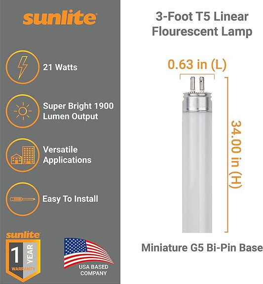 Sunlite 30325 F21T5/841 3 Foot T5 Linear Fluorescent Lamp, 21 Watts, 1900 Lumens, 4100K Cool White, Miniature G5 Bi-Pin Base, ROHS Compliant, High Performance Straight Tube, 40 Pack