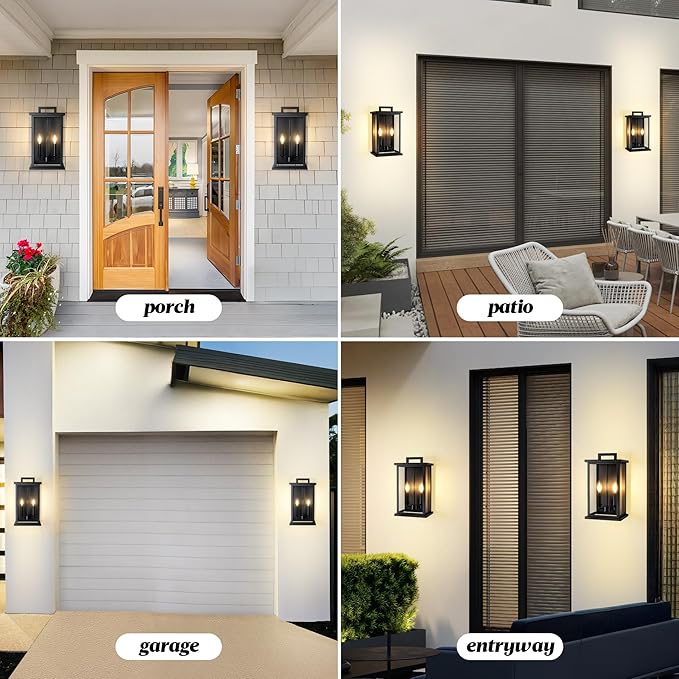 Large Outdoor Lights For House,Modern Exterior Lighting Fixtures,Black Outdoor Wall Lantern Sconce,2-Light Front Porch Garage Hallway Wall Mount Light With Thick Glass Shades Waterproof 2 Pack