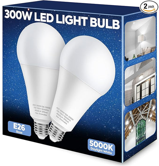 300W Equivalent LED Light Bulb, 4060LM Super Bright A23 LED Bulb, Daylight 5000K, 33W Energy Saving, E26 Medium Base, 120V for Garage, Warehouse, Shop, Supermarket, Non-Dimmable, 2 Pack