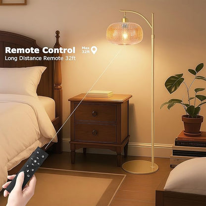 Glass Floor Lamp for Living Room with Amber Glass Lampshade, Dimmable Modern Standing Lamp with 12W LED Bulb, Remote Control Tall Lamp for Bedroom