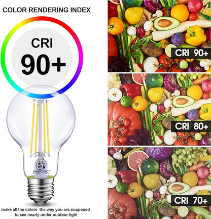 Energetic Dimmable LED Filament Light Bulbs, 8W, 60 Watt Equivalent, Cool White 4000K, Classic Clear Glass, A19 LED Light Bulb, 12 Pack