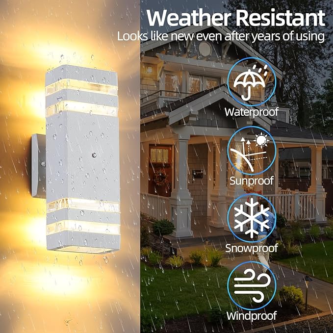 Dusk to Dawn Outdoor Wall Lights Modern Exterior Lighting Fixtures, 2 Pack White Outside Lights for House, Up and Down Porch Lights Outdoor Waterproof Sconces Wall Lighting for Garage Patio