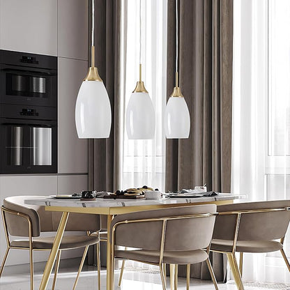 Mini Glass Pendant Light 3-Pack Handblown Art White Swirl Oval Hanging Pendant Lamp 4.72" Glass Chandelier for Kitchen Island Dining Room Living Foyer Hallway Entry Brushed Gold Finish