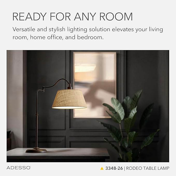 Adesso Rodeo Table Lamp with 180 Degree Adjustable Arm and Shade, Antique Bronze and Burlap, 27” Height, Versatile Bedside Table or Desk Lamp