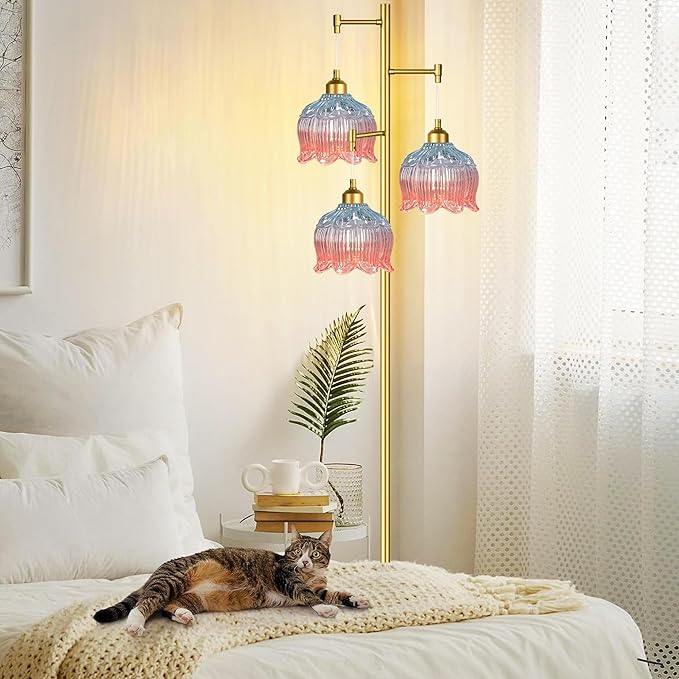 Gold Floor Lamp for Living Room,Bedroom,Mid Century Modern Standing Lamp Brass Tree 3 Light Tall Floor Lamps Vintage Retro Floor Lights Glass Flower Lamp Shade Farmhouse Boho Bohemian