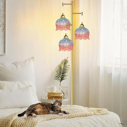 Gold Floor Lamp for Living Room,Bedroom,Mid Century Modern Standing Lamp Brass Tree 3 Light Tall Floor Lamps Vintage Retro Floor Lights Glass Flower Lamp Shade Farmhouse Boho Bohemian