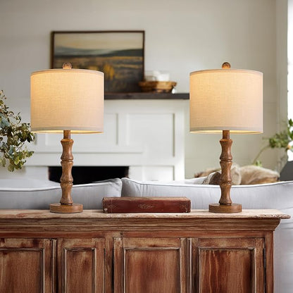BOBOMOMO 20.5" Rustic Table Lamps Set of 2, Farmhouse Nightstand Lamp with Wood Grain Resin Base & Linen Shade, Small Bedside Lamp for Bedroom, Living Room & Apartment Décor- Ideal for Small Spaces