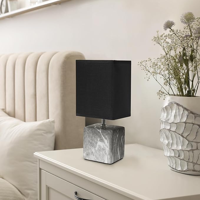 Simple Designs LT1217-BOB 11.81" Mini Marble Ceramic Cube Table Lamp, for Living Room, Bedroom, Office, Black with Black Shade