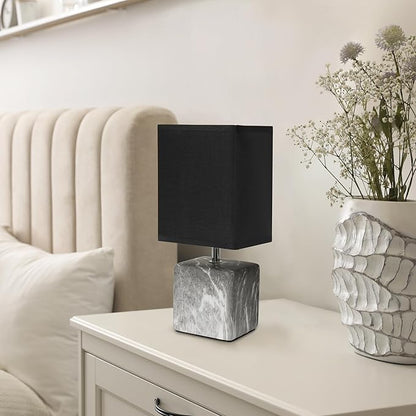 Simple Designs LT1217-BOB 11.81" Mini Marble Ceramic Cube Table Lamp, for Living Room, Bedroom, Office, Black with Black Shade