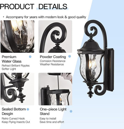 Black Exterior Wall Sconces, 28" H Large Outdoor Wall Light Fixtures with Water Glass, Waterproof Outdoor Lights Wall Mount with Decorative Patterns for Porch, Front Door