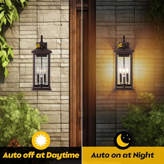 2-Pack 23” Dusk to Dawn Outdoor Light Fixtures Oil Rubbed Bronze 3-Light, Extra Large Exterior Lighting Photocell Sensor Vintage Brown Outdoor Wall Lanterns Porch Lights Garage, E12