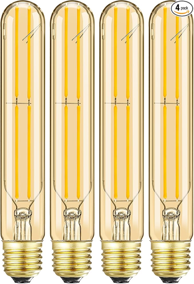 T10 Led Bulb,Dimmable E26 Led Bulbs 6W,E26 Tubular Bulb 60 Watt, 2700K Warm White,7.3in Led Edison Tube Bulb,T10 Amber Glass Cover,4Pack.
