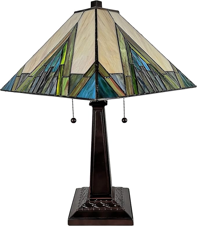 Tiffany Style Table Lamp Banker Mission 22" Tall Stained Glass Ivory Green Antique Vintage Light Decor Nightstand Living Room Bedroom Handmade Gift AM349TL14, 14 in Diameter Amora Lighting