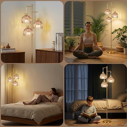 COTTHOS Floor Lamp for Living Room, Modern Standing Lamp Brass Glass Green Tree 3 Light Tall Floor Lamps for Bedroom & 800 Lumens LED Bulbs, Vintage Boho Flower Lamp Shade Farmhouse Boho Bohemian Gold
