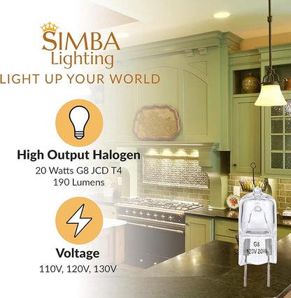 Simba Lighting Halogen Light Bulb G8 T4 20W JCD Bi-Pin (10 Pack) Shorter 1-3/8" (1.38") Length for Under Cabinet Puck Lights, Kitchen Hood, Landscape Lights, Desk Lamps 120V Dimmable, 2700K Warm White