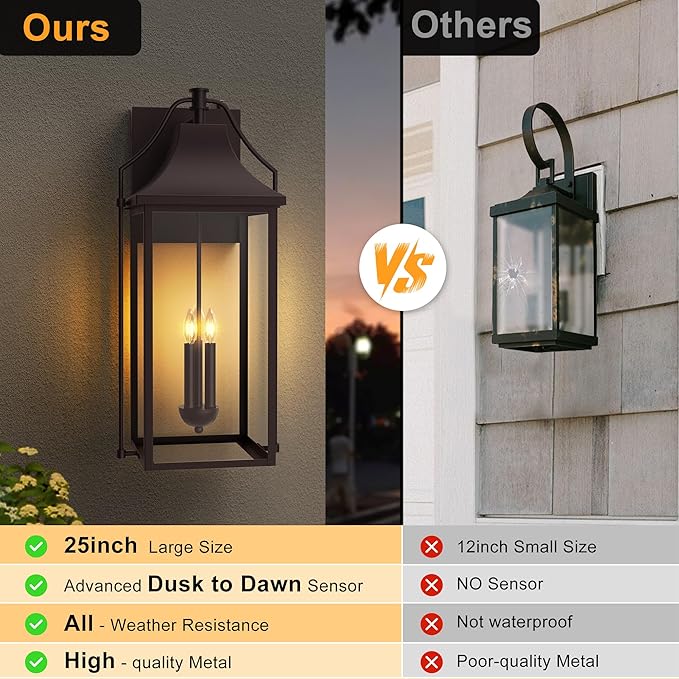 𝟐𝟓-𝐈𝐍𝐂𝐇 Dusk to Dawn Outdoor Wall Light, Large Size Waterproof Patio Lanterns, 3-Light Oil Rubbed Bronze Exterior Wall Mount Outside Sconce with Glass for House