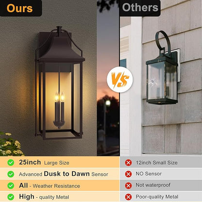 𝟐𝟓-𝐈𝐍𝐂𝐇 Dusk to Dawn Outdoor Wall Light, Large Size Waterproof Patio Lanterns, 3-Light Oil Rubbed Bronze Exterior Wall Mount Outside Sconce with Glass for House