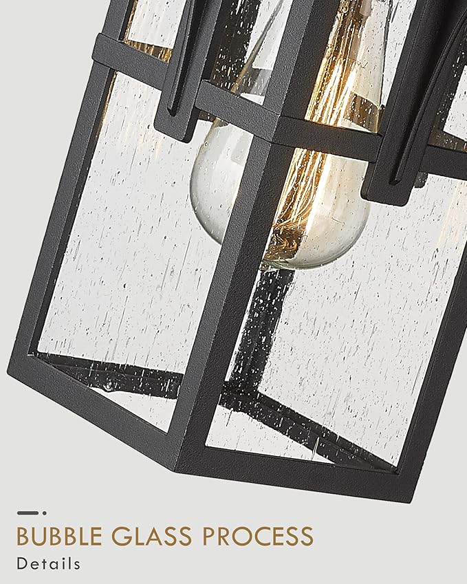 Outdoor Light Fixture, HWH Large Outdoor Wall Lantern, 1-Light Exterior Wall Mount Light with Seeded Glass, Matte Black Finish, 15" Height, HX1B BK (Large)