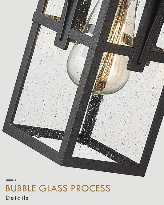 Outdoor Light Fixture, HWH Large Outdoor Wall Lantern, 1-Light Exterior Wall Mount Light with Seeded Glass, Matte Black Finish, 15" Height, HX1B BK (Large)