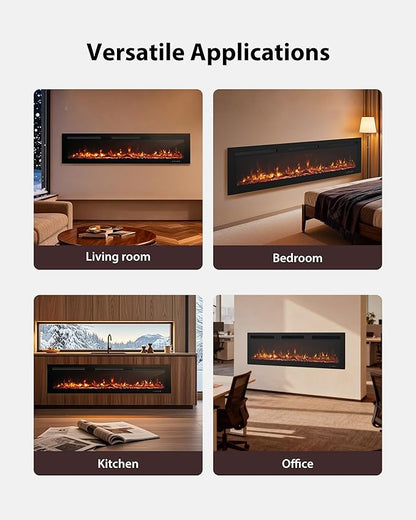 EUHOMY 72 Inch Electric Fireplace Wall Recessed and Wall Mounted with Adjustable Flame Color, Fireplace Heater with Remote Control, Linear Fireplace with Timer, Touch Screen, Log & Crystal, 750/1500W