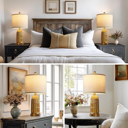 Table Lamps for Bedroom Set of 2, Farmhouse 3-Way Dimmable Touch Nightstand Lamp with 2 USB Charging Ports, Vintage Rustic Traditional Bedside Lamp for Living Room End Table