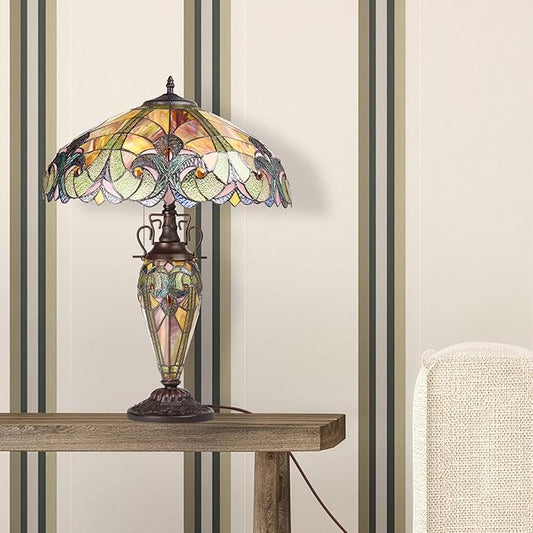 RIVER OF GOODS 24.5" H Halston Double Lit Amber Bowl Shade Stained Glass Table Lamp