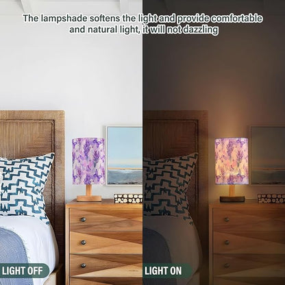 Bedside Lamp Purple Lavender Butterfly Table Lamp for Bedroom LED Nightstand Lamp Shade USB Ports Wood Base for Living Room Dorm Office