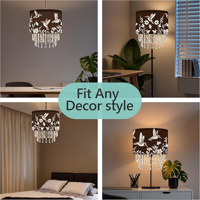 Hummingbird & Floral Lamp Shade with Crystal Bead Droplets, Black & White Drum Fabric Light Shade for Ceiling Pendant Table & Floor Lamps, Nature-Inspired Decor, 11.8in