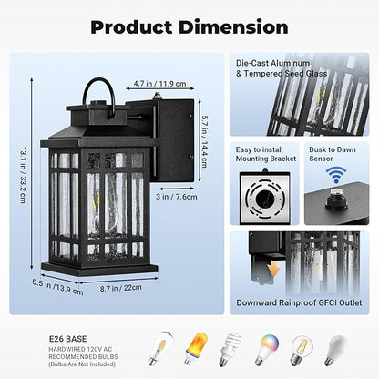 Exterior Lighting Fixtures with GFCI Outlet, Black Dusk to Dawn Outdoor Lights with Bubble Glass, Anti-Rust Outside Wall Sconce Lantern for Garage Coach, Patio Wall Light Fixture with Outlet