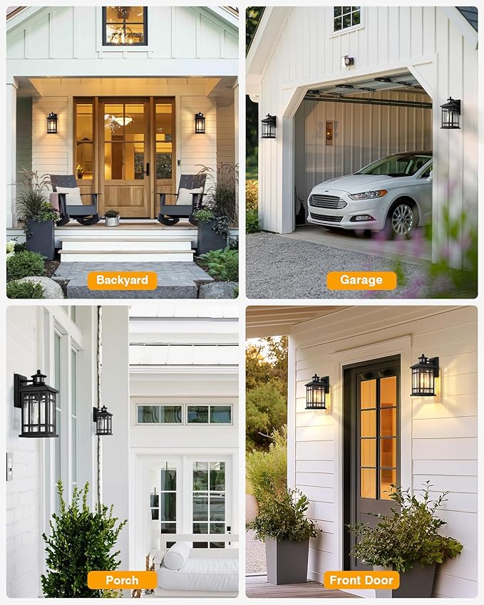 Motion Sensor Outdoor Light Adjustable Sensing Range, 2 Pack Black Dusk to Dawn Exterior Lighting Fixtures with Seed Glass, Aluminum Anti-Rust Outside Lights for House Garage Doorway Garden