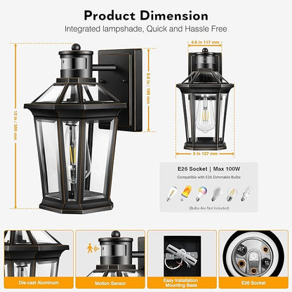 VIANIS Motion Sensor Outdoor Wall Lantern, Black Waterproof Dusk to Dawn LED Exterior Wall Sconce, Anti-Rust Aluminum Modern Outdoor Lights Fixtures Wall Mount for Porch, Entryway, Garage, Front Door