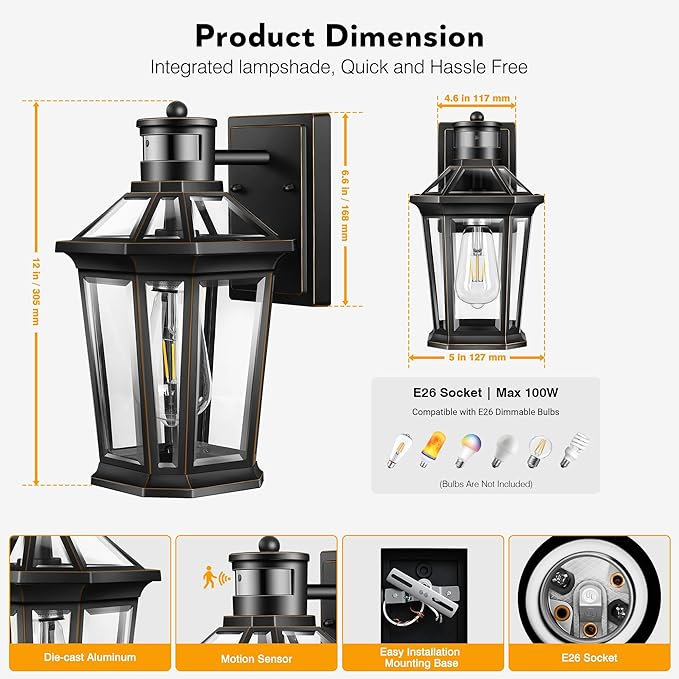 VIANIS Motion Sensor Exterior Light Fixture, 2 Pack Dusk to Dawn Outdoor Light Wall Mount, Anti-Rust Aluminum Outside House Lights, Farmhouse Coach Lantern for Porch, Entryway, Garage, Front Door