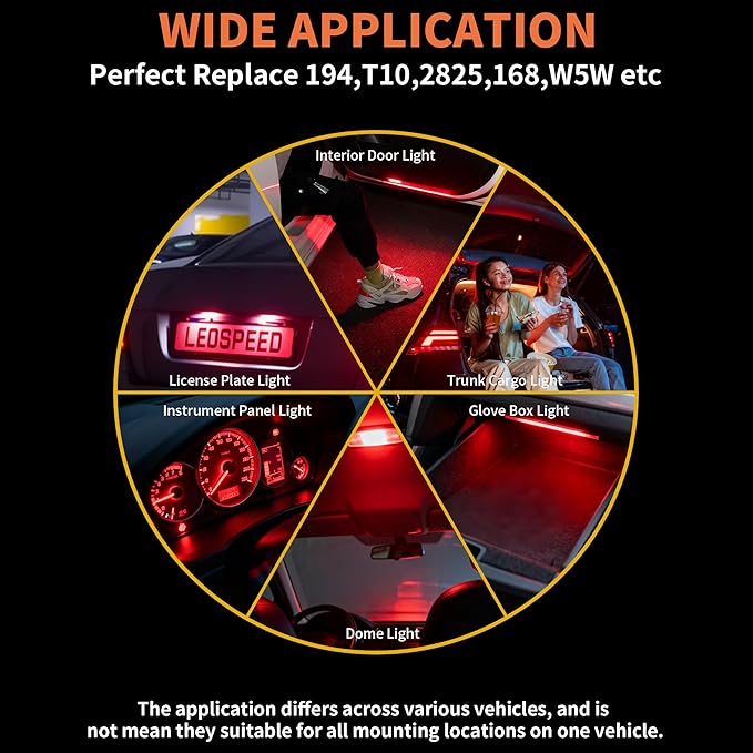 Yorkim 194 LED Bulb 6300K Red, 168 2825 W5W T10 LED Light Bulb Error Free for License Plate, Dome, Map, Courtesy, Side Marker Lights, Pack of 2